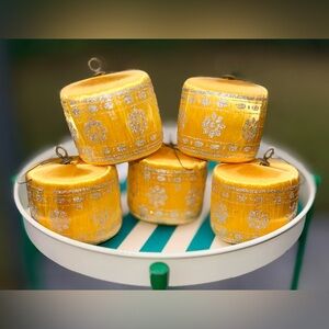 Vintage 70’s MCM Gold Satin Sheen Drum Ornaments w/Silver Glitter Snowflakes!